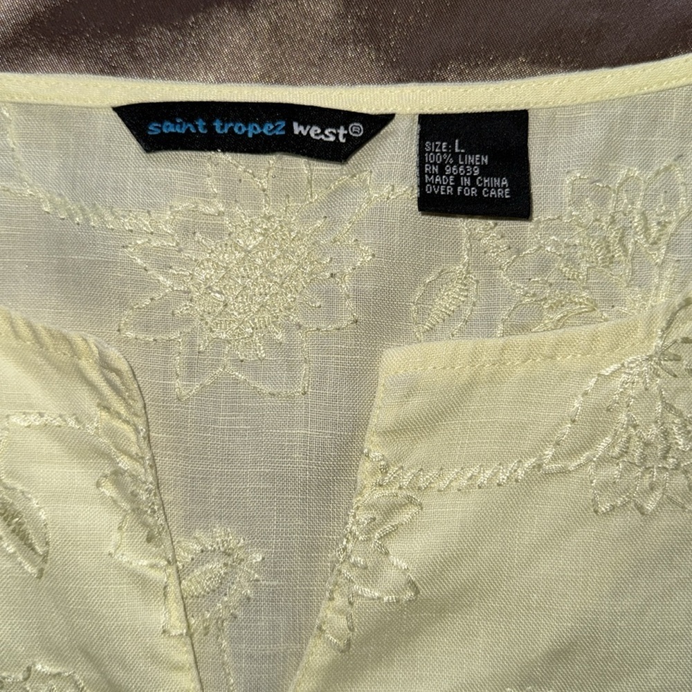 Saint Tropez West Pale Yellow Linen Embroidered Top Side Zip Sz L - Picture 6 of 9
